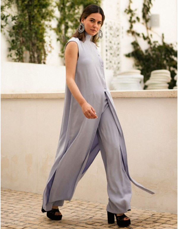 Long lavender blouse with slit and high neckline