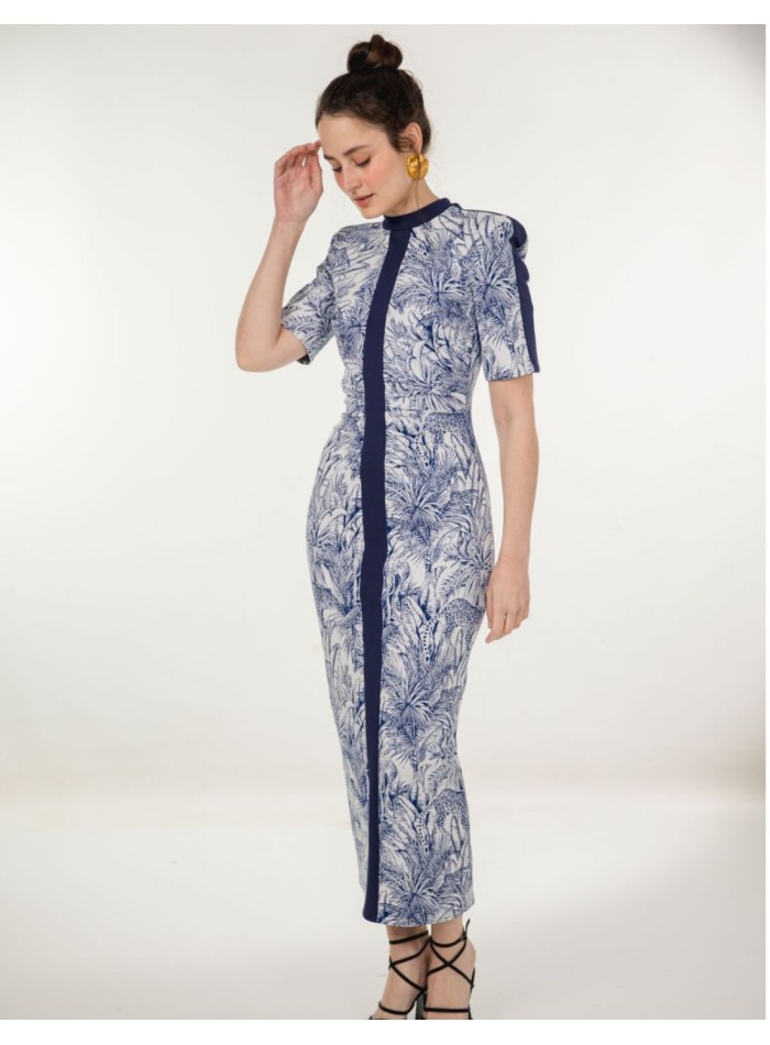 Knitted midi dress with blue jungle print and...