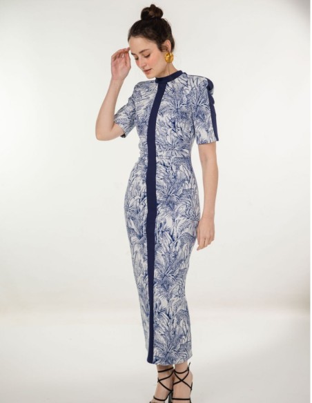 Robe midi en maille à col roulé et imprimé jungle bleu