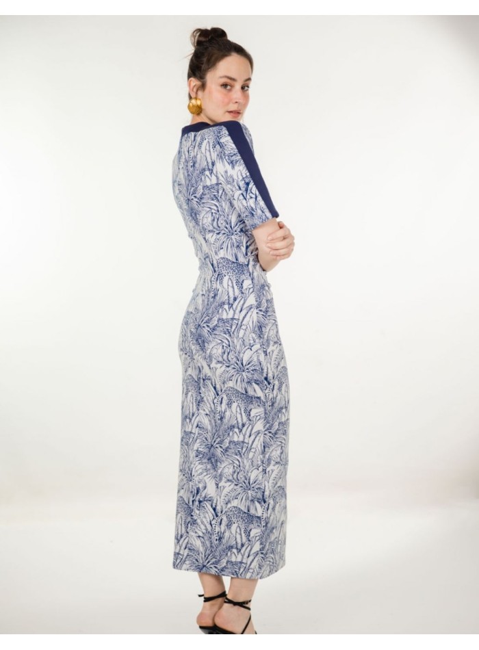 Knitted midi dress with blue jungle print and...