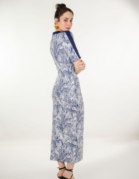 Robe midi en maille à col roulé et imprimé jungle bleu
