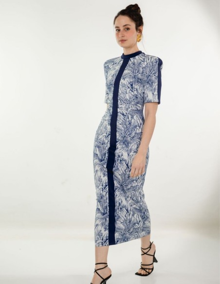 Robe midi en maille à col roulé et imprimé jungle bleu