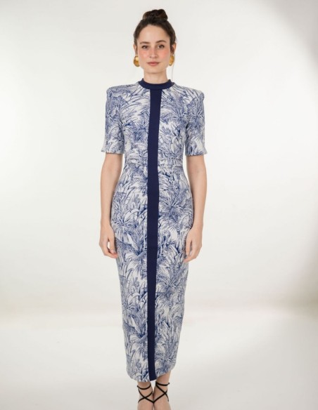 Robe midi en maille à col roulé et imprimé jungle bleu