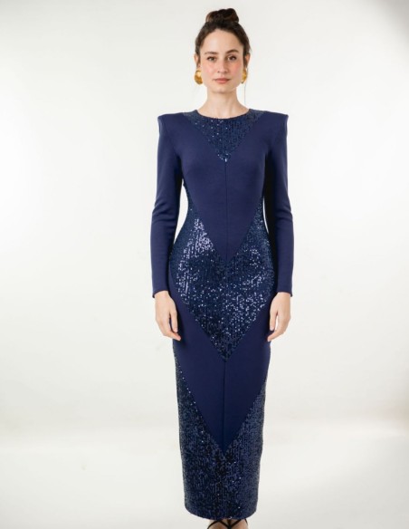 Navy blue midi dress with sequins and maxi shoulder strap