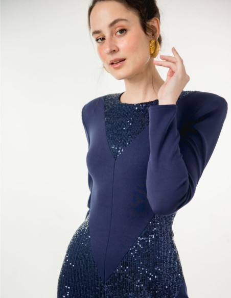 Robe midi bleu marine avec paillettes et bandoulière maxi