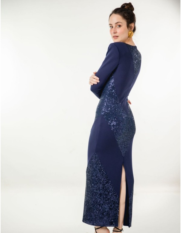 Vestido midi azul marino con lentejuelas y maxi hombrera 2