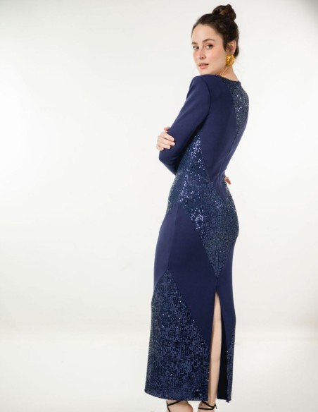 Navy blue midi dress with sequins and maxi shoulder strap