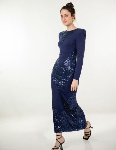Robe midi bleu marine avec paillettes et bandoulière maxi