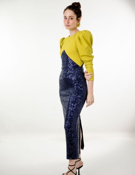 Robe de soirée midi avec paillettes et manches bouffantes