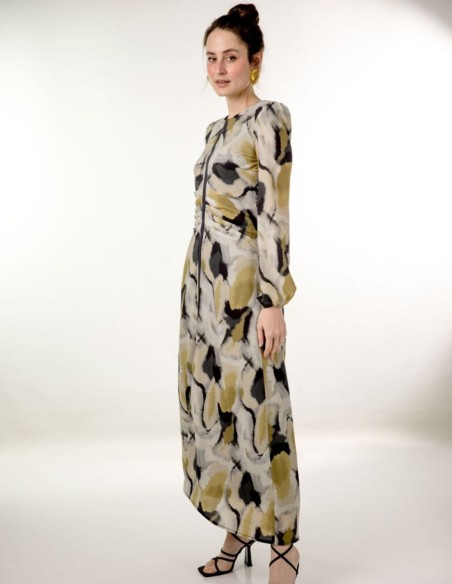 Vestido midi de gasa estampada con frunce y cinta lurex para bodas