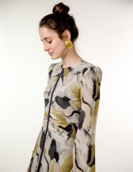 Printed chiffon midi dress with ruffle and lurex ribbon