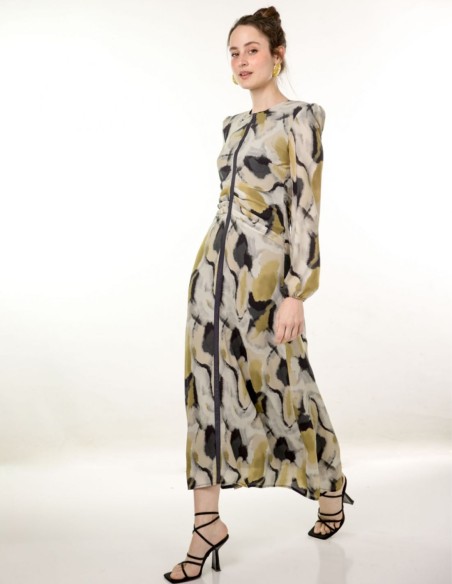 Vestido midi de gasa estampada con frunce y cinta lurex