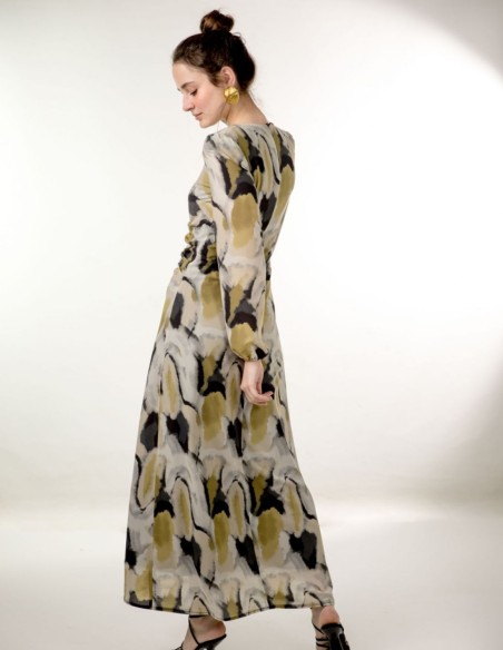 Printed chiffon midi dress with ruffle and lurex ribbon