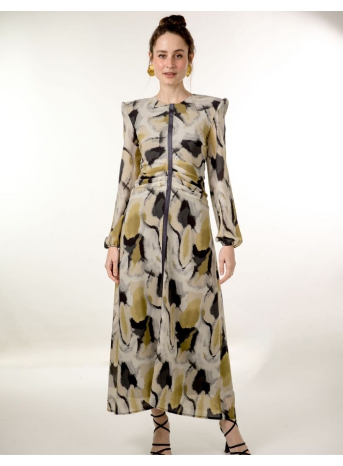 Vestido midi de gasa estampada con frunce y cinta lurex para ocasiones especiales