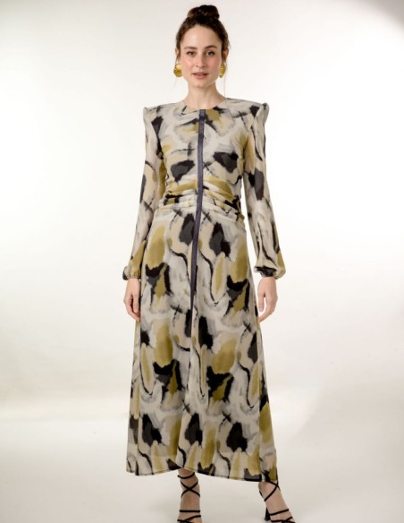 Vestido midi de gasa estampada con frunce y cinta lurex para ocasiones especiales