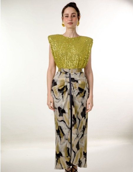 Printed chiffon midi skirt with ruffle and lurex tape