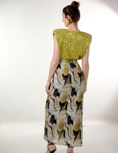 Printed chiffon midi skirt with ruffle and lurex tape