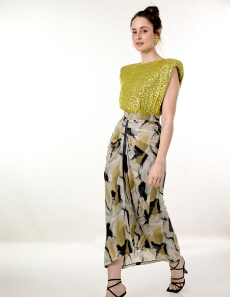 Jupe midi en mousseline de soie imprimée avec volants et ruban lurex