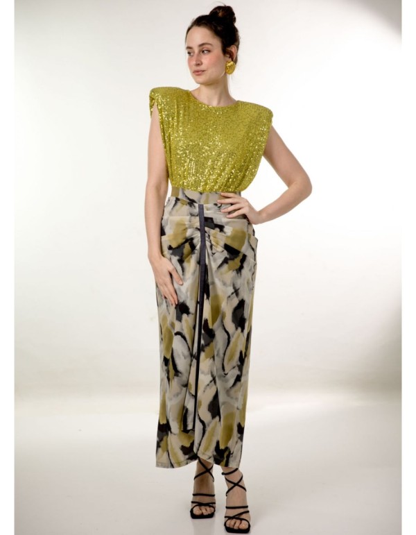 Printed chiffon midi skirt with ruffle and lurex tape