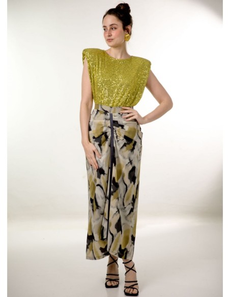Printed chiffon midi skirt with ruffle and lurex tape