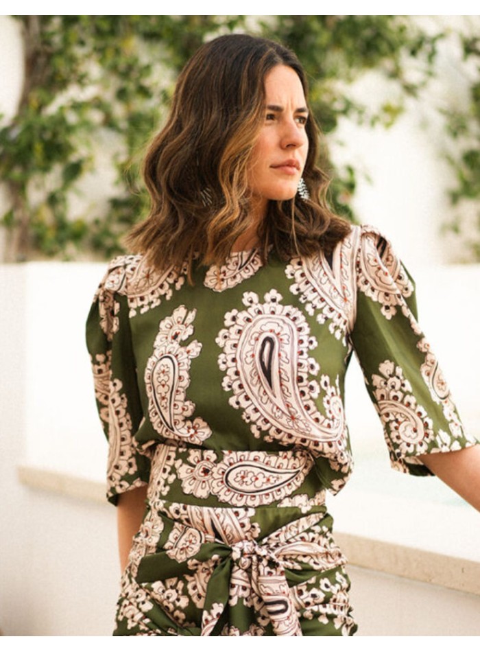 Ethnic green printed short sleeve top