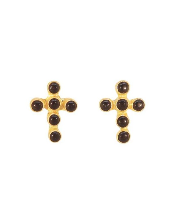 Gold-plated cross earrings with black stones