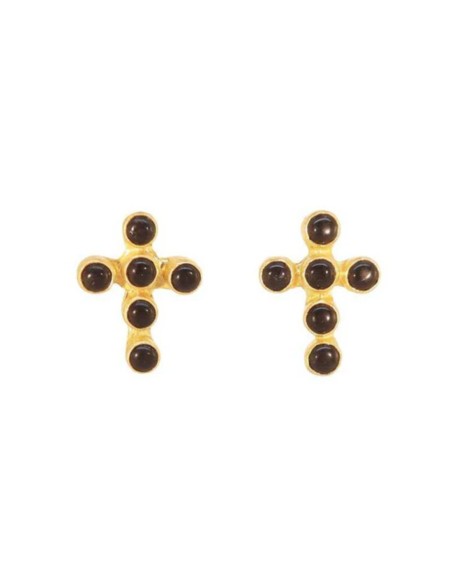Gold-plated cross earrings with black stones