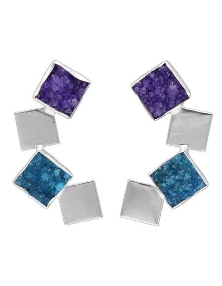 Long party earrings with purple and turquoise geometrical stones