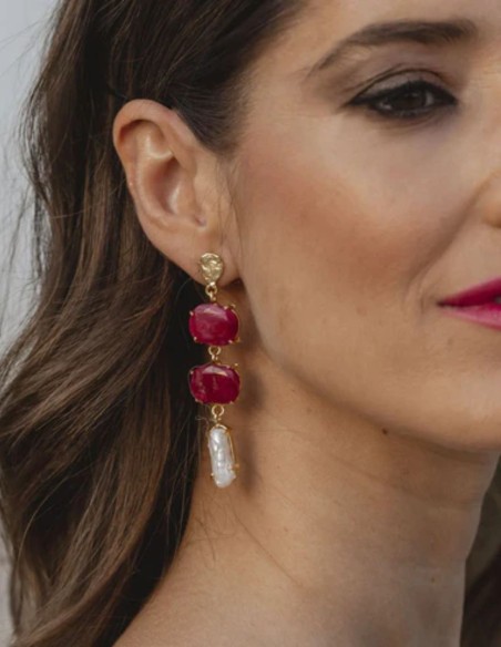 Long earrings with natural ruby and white stones