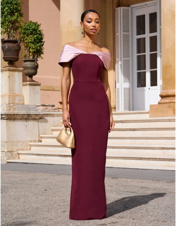 Vestido largo de fiesta palabra de honor con hombros caídos 2