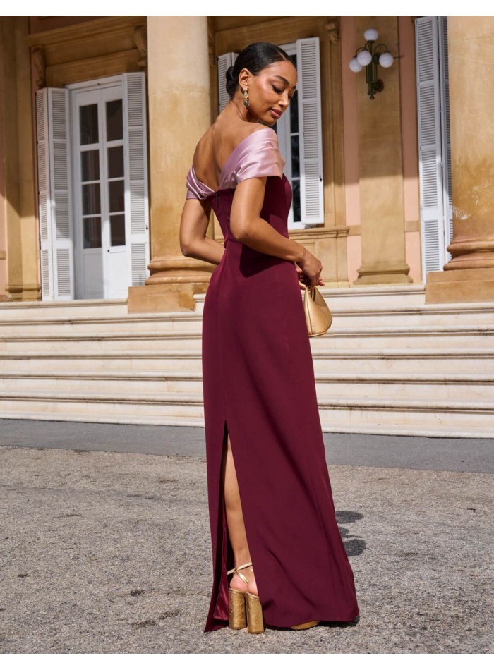 Vestido largo de fiesta palabra de honor con hombros caídos para invitada