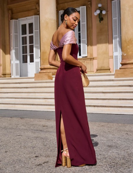 Vestido largo de fiesta palabra de honor con hombros caídos