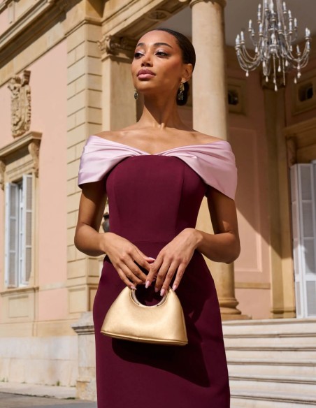 Vestido largo de fiesta palabra de honor con hombros caídos