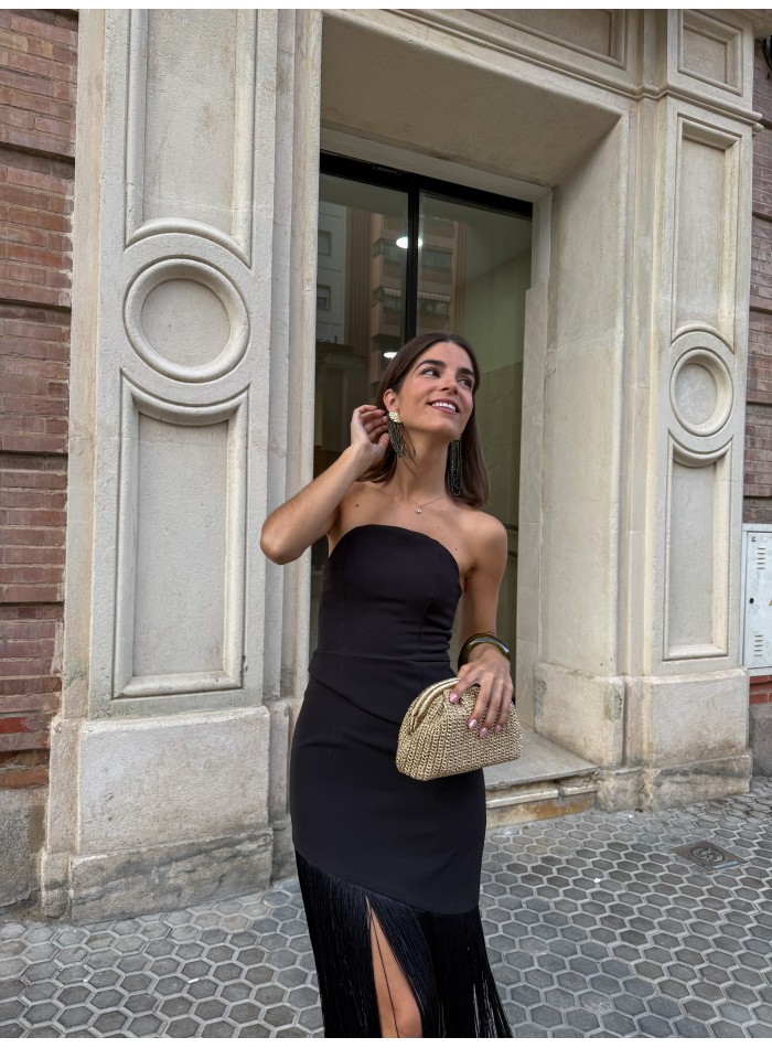 Black set with asymmetrical strapless top and...