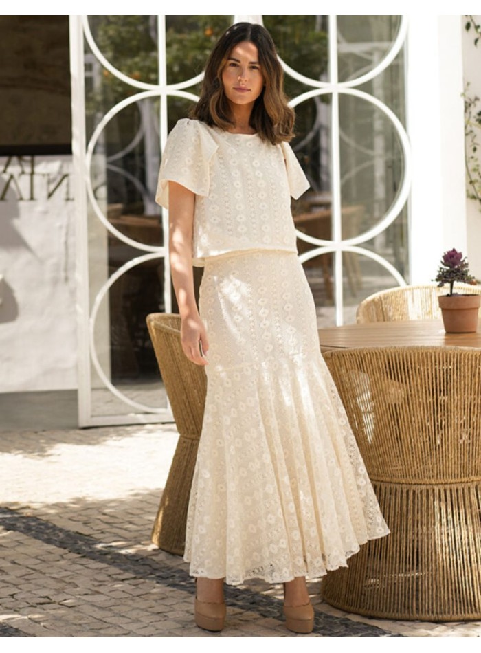 Raw macramé party midi skirt with high ruffle