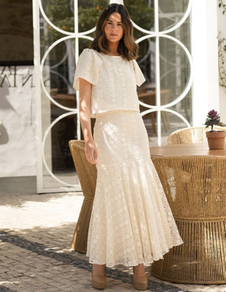 Raw macramé party midi skirt with high ruffle