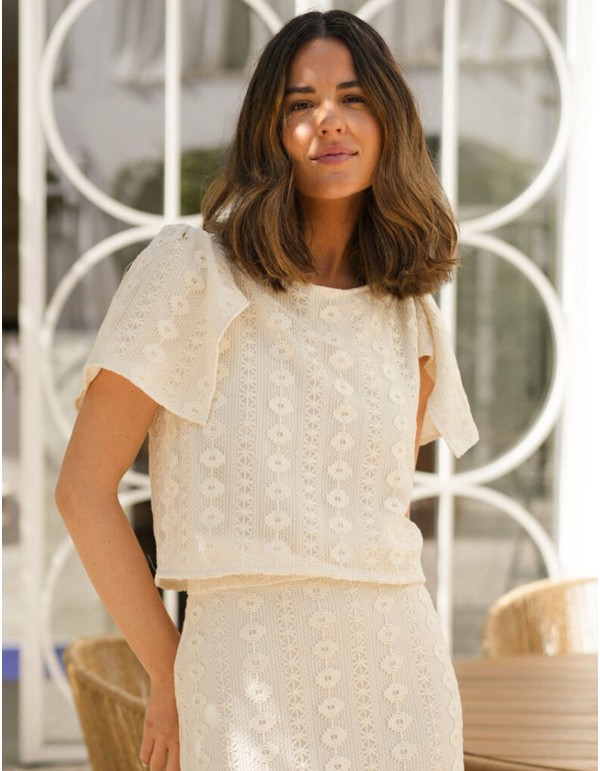 Top en macramé brut avec manches courtes et manches...