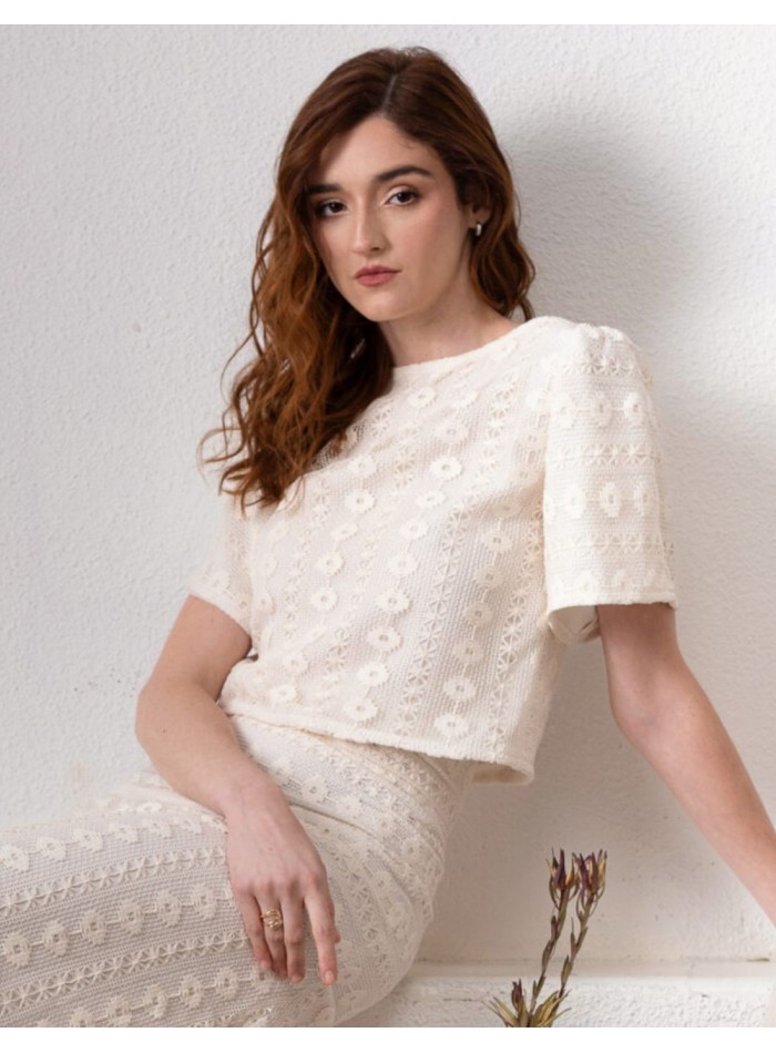 Top en macramé ivoire à manches courtes