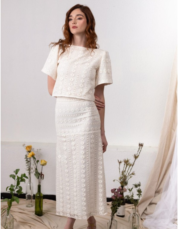 Ivory macramé flared midi skirt