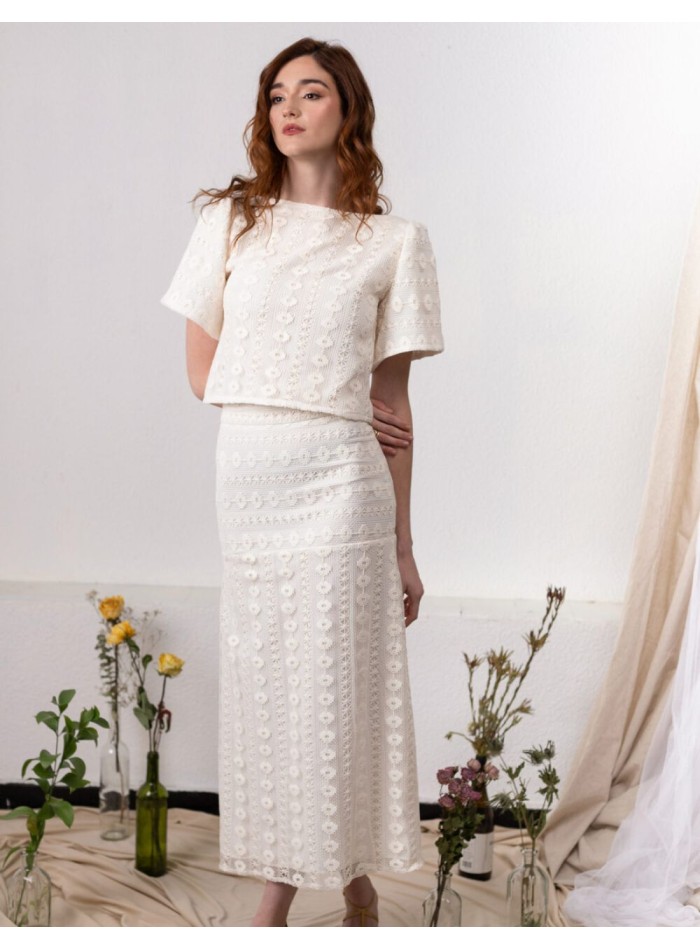 Ivory macramé flared midi skirt