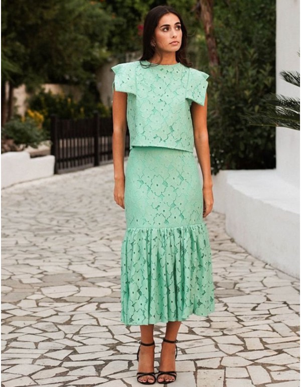 Falda midi de encaje verde turquesa