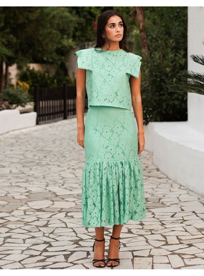 Turquoise green lace midi skirt