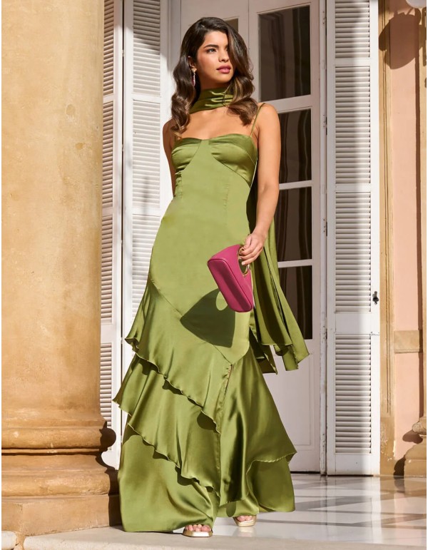 Long satin gown with ruffles