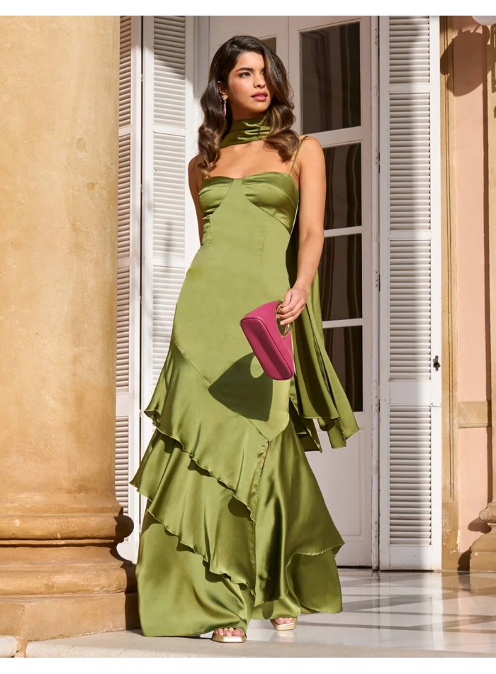 Long satin gown with ruffles