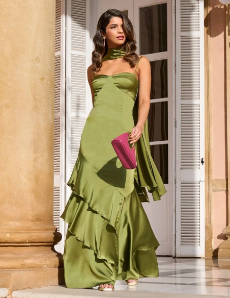 Long satin gown with ruffles