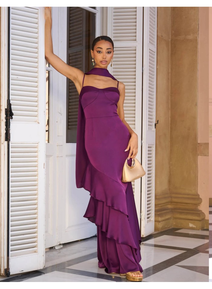 Robe d'invité de mariage en satin bougainvillier