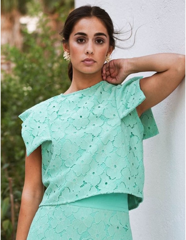 Top en dentelle vert turquoise avec manches à col en V