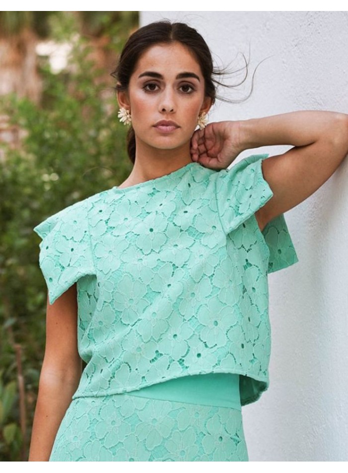 Top en dentelle vert turquoise avec manches à...