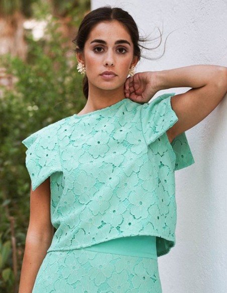 Top en dentelle vert turquoise avec manches à col en V