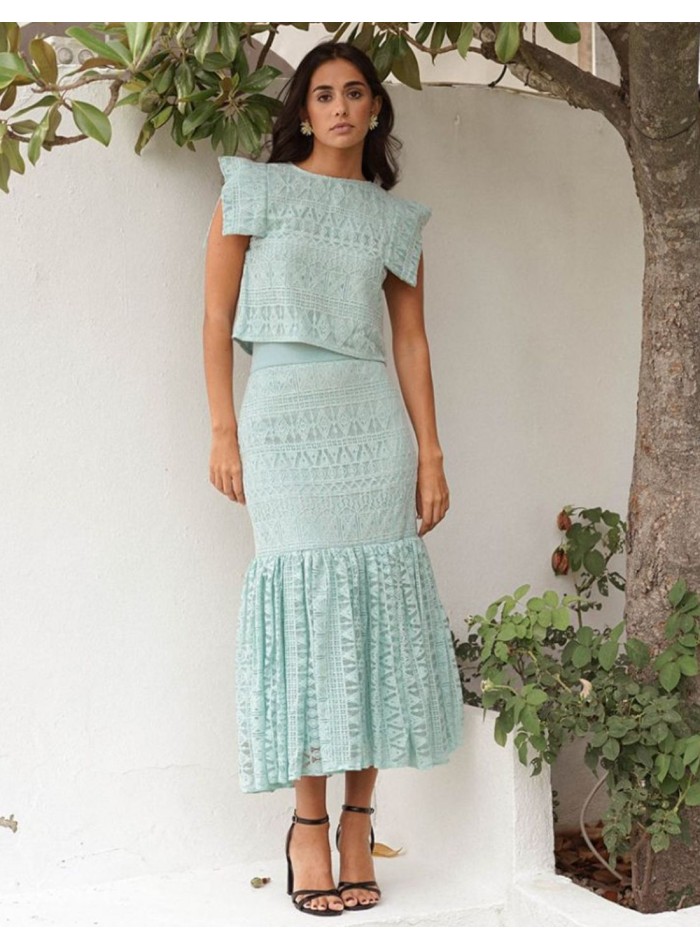 Jupe midi vert aqua avec volant maxi